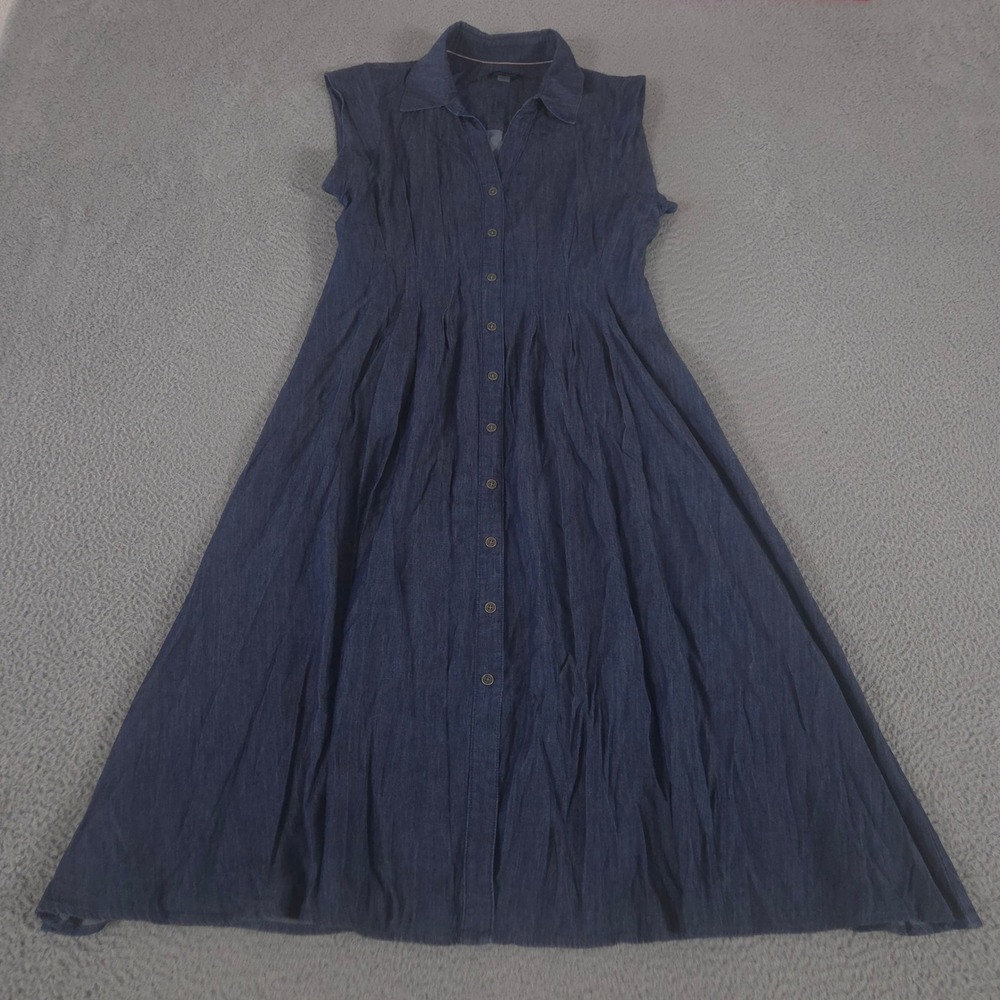 Tommy Hilfiger Dress Womens 12 Blue Denim Midi Cap-Sleeve Shirtdress Pleated